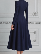 Navy Fall Fashion Stand Collar Button Front A-Line Midi Dress