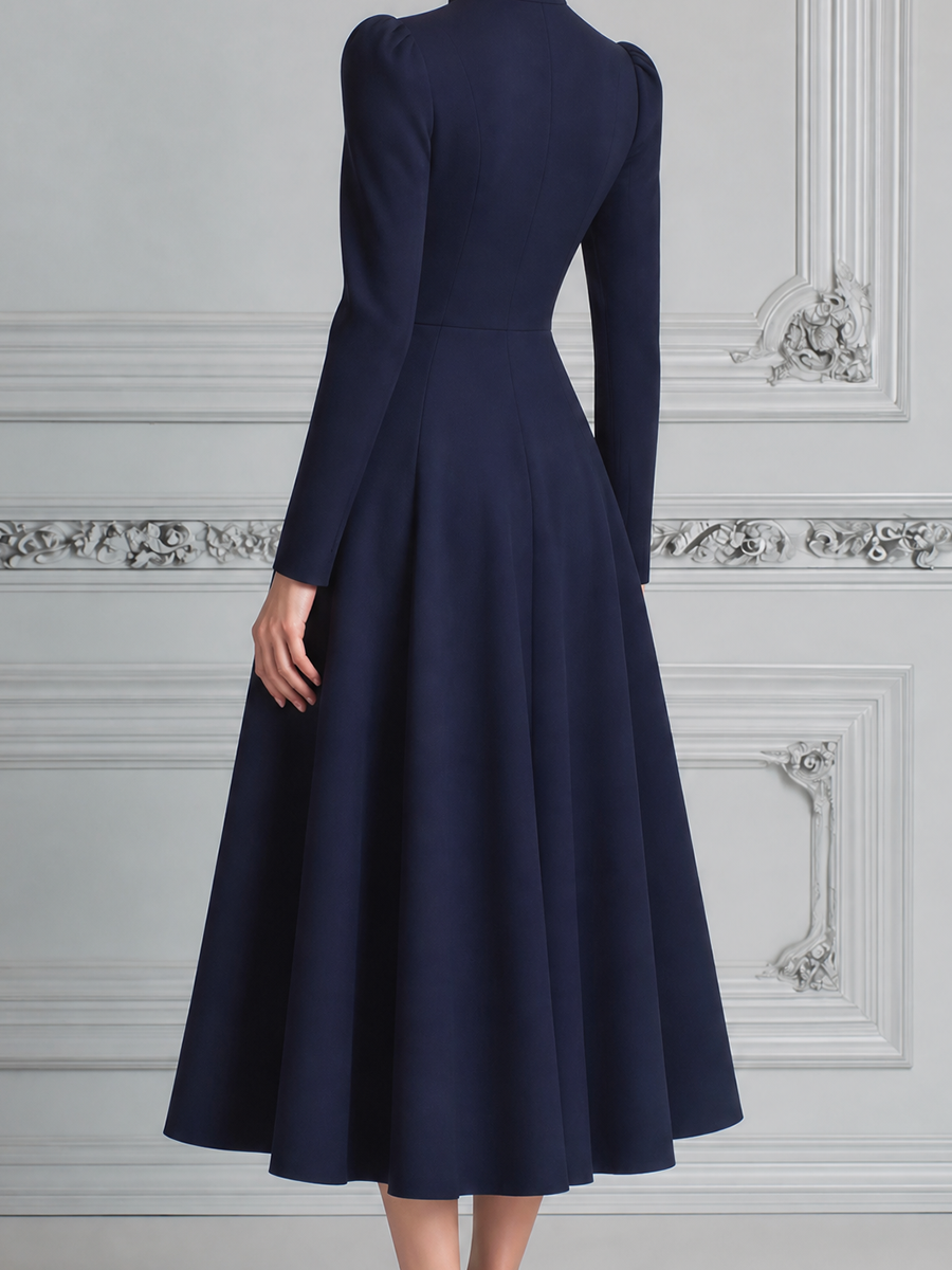 Navy Fall Fashion Stand Collar Button Front A-Line Midi Dress