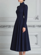 Navy Fall Fashion Stand Collar Button Front A-Line Midi Dress