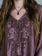 Boho Tie V Neck Dusty Mauve Floral Embroidered Blouse