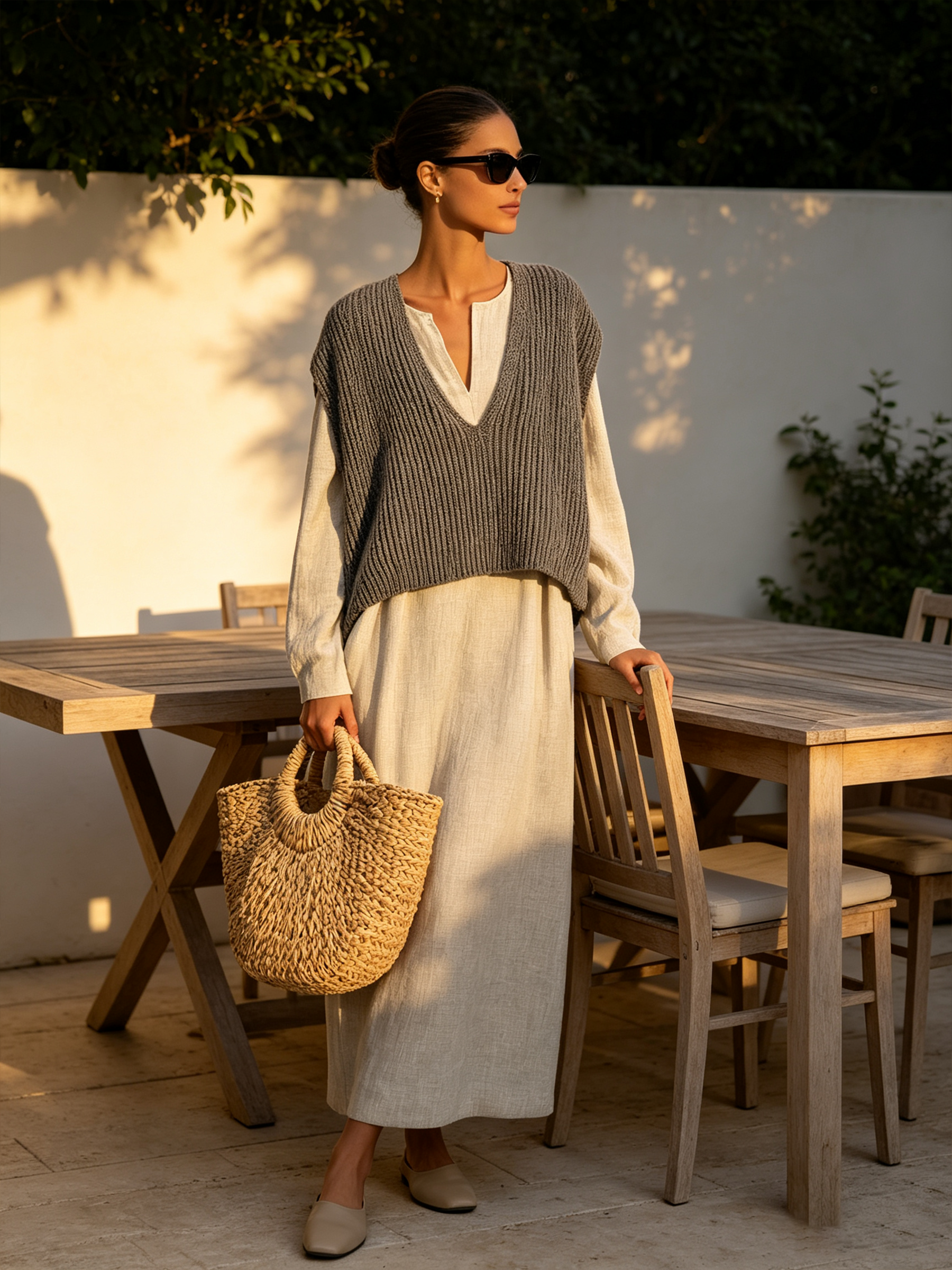 Grey Knit Vest & Linen Split‑Neck Maxi Dress Two‑Piece Set
