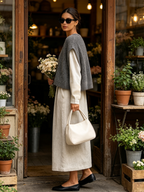 Grey Knit Vest & Linen Split‑Neck Maxi Dress Two‑Piece Set