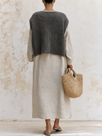 Grey Knit Vest & Linen Split‑Neck Maxi Dress Two‑Piece Set