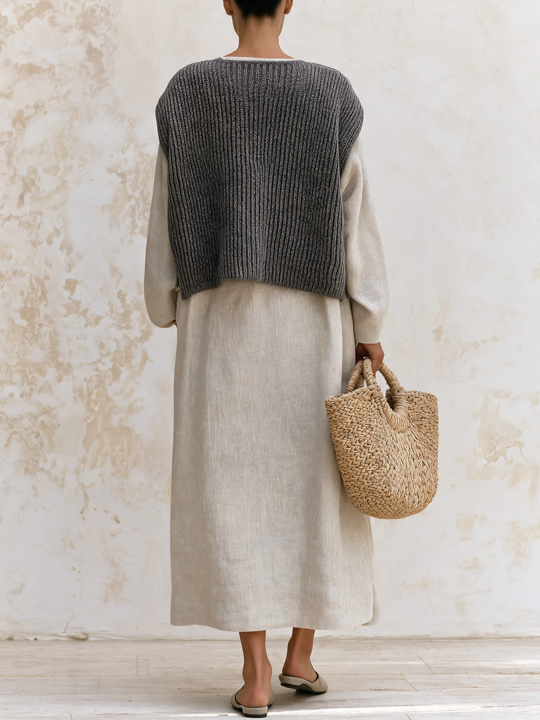 Grey Knit Vest & Linen Split‑Neck Maxi Dress Two‑Piece Set
