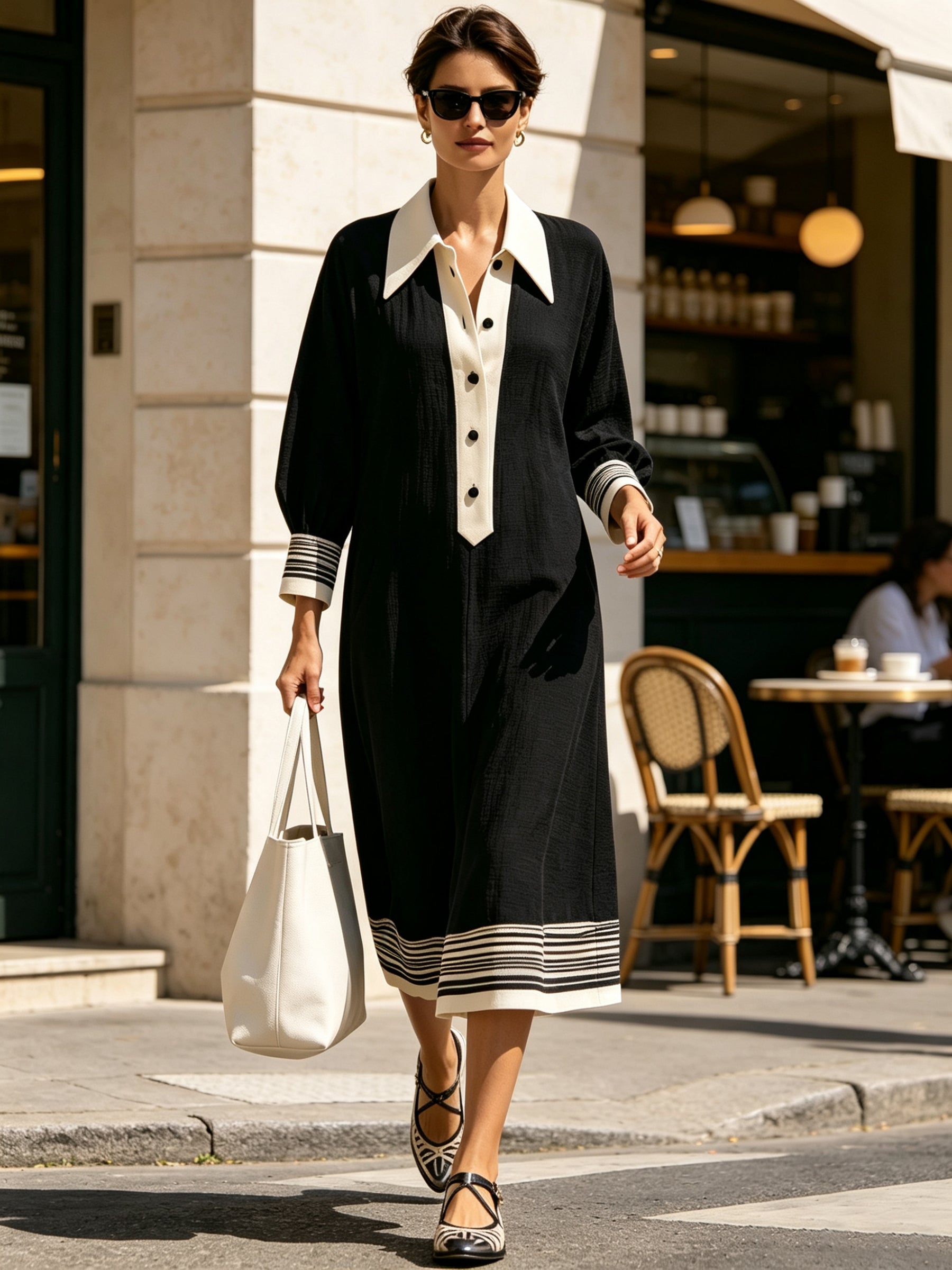 Women’s Contrast Stripe Button-Front Midi Shirt Dress