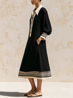 Women’s Contrast Stripe Button-Front Midi Shirt Dress