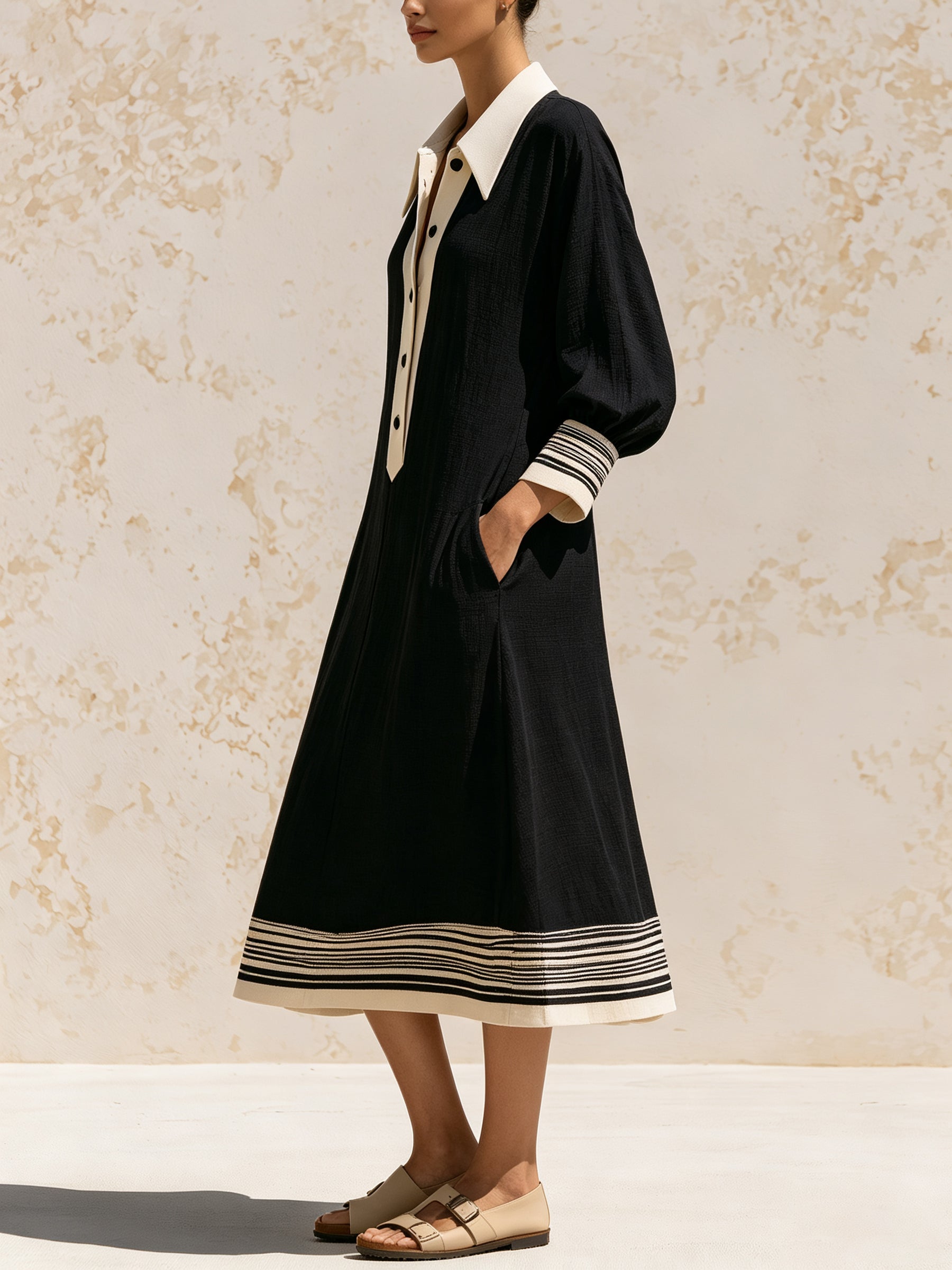 Women’s Contrast Stripe Button-Front Midi Shirt Dress