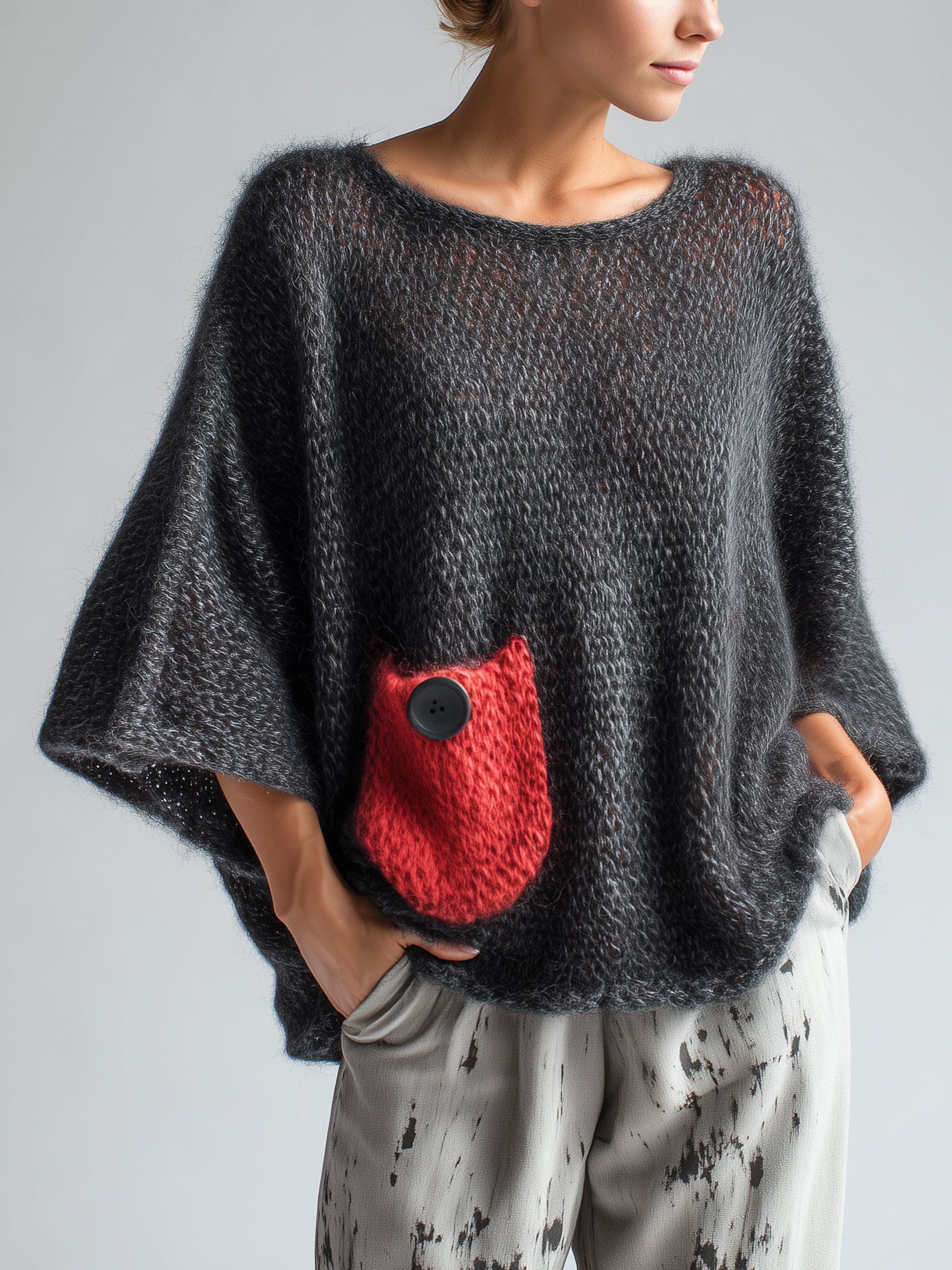 Sculptural Mohair-Blend Knit Sweater with Signature Red Pocket