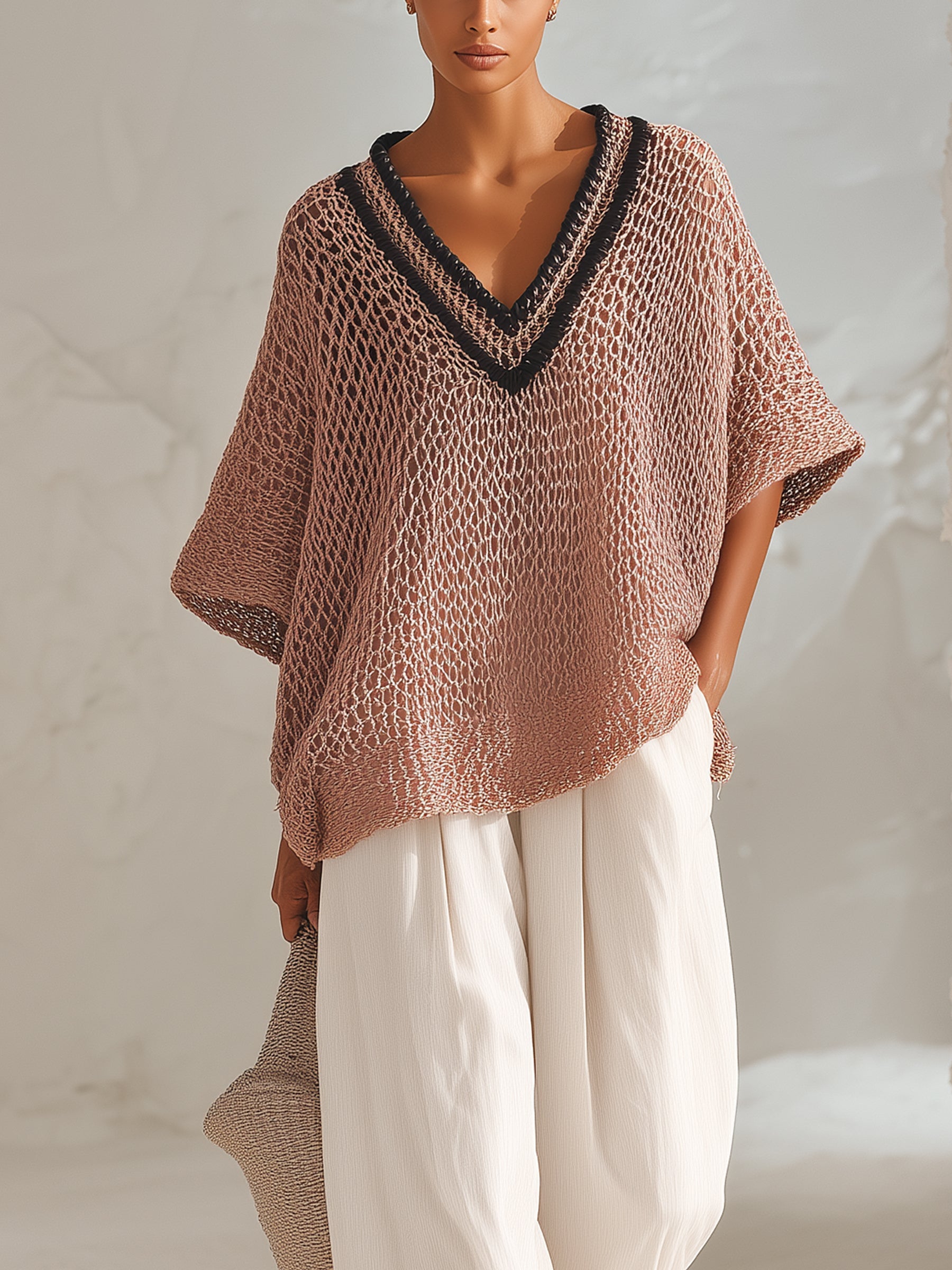 Women’s Relaxed Open-Knit V-Neck Pullover – Contrast Trim Loose Fit Sweater