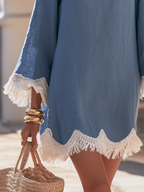 Vintage Bohemian White Tassel Hem Dusty Blue Cotton-linen Mini Dress