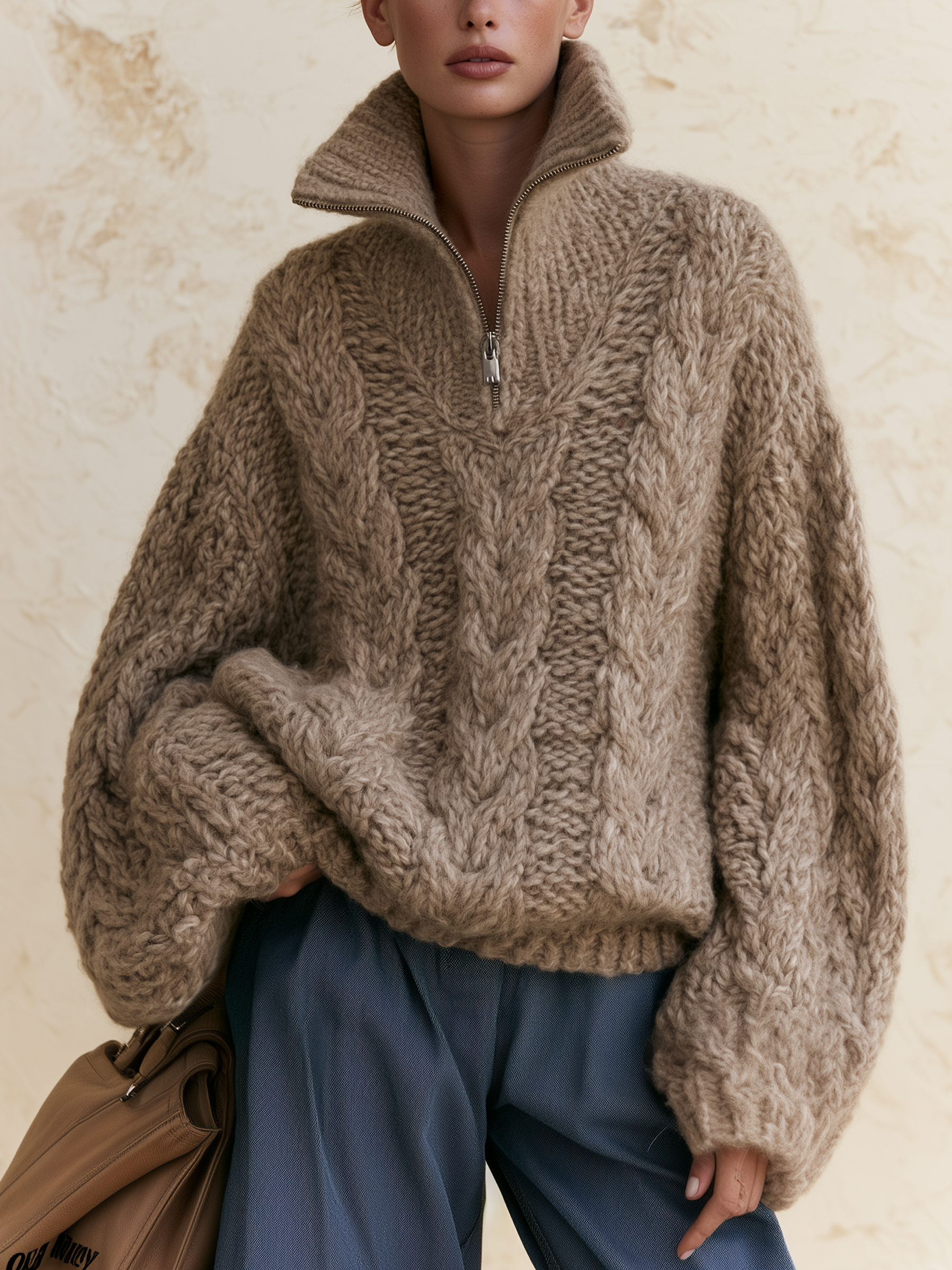 Oatmeal Chunky Cable Knit Half‑Zip Turtleneck Sweater