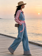 Women’s Color Block Jumpsuit Set – Contrast Polo Top & Wide Leg Pants