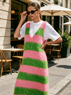 Pink Green Striped Fuzzy Knit V-Neck Midi Tank Dress