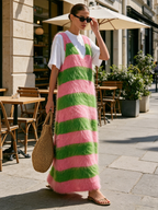 Pink Green Striped Fuzzy Knit V-Neck Midi Tank Dress