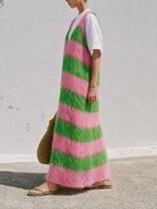 Pink Green Striped Fuzzy Knit V-Neck Midi Tank Dress