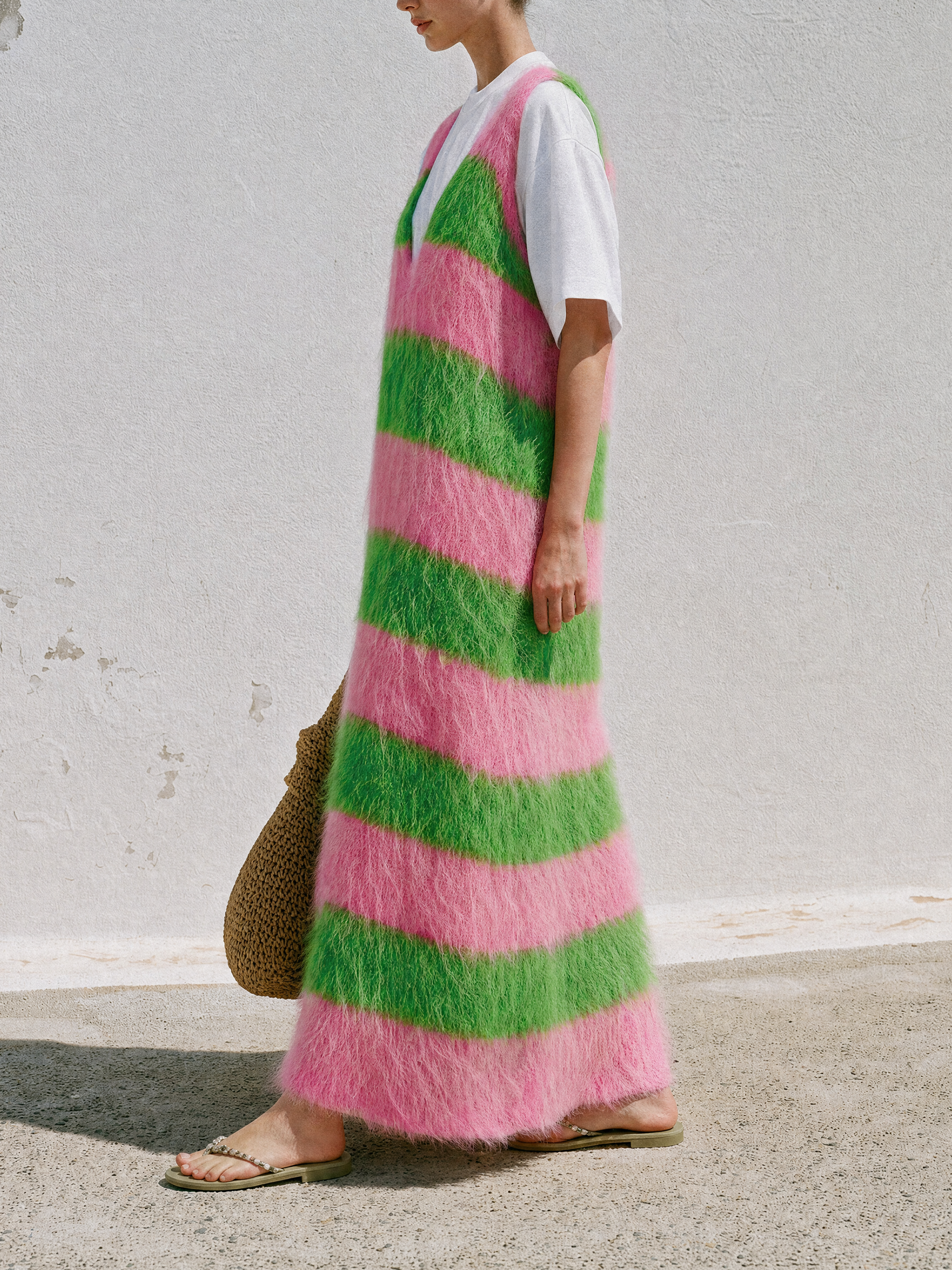 Pink Green Striped Fuzzy Knit V-Neck Midi Tank Dress