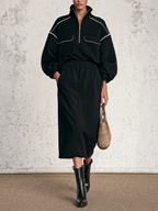 Contrast Piping Half Zip Top & Midi Skirt Two-Piece Set