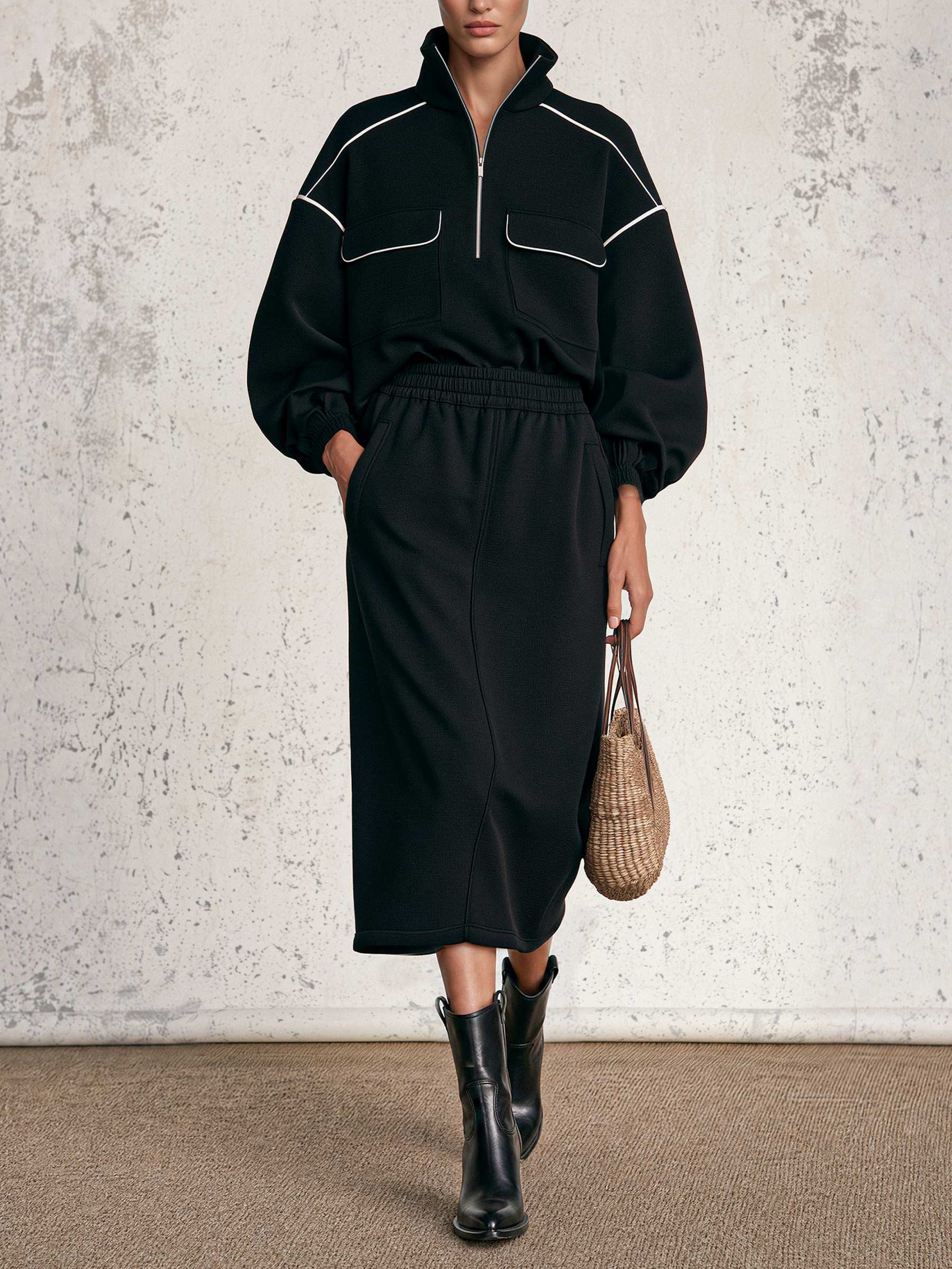 Contrast Piping Half Zip Top & Midi Skirt Two-Piece Set