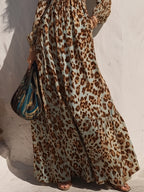 Capri Vibe Mint Base Leopard Print Square Neck Fall Maxi Dress
