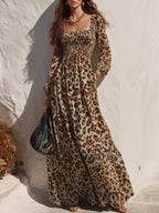 Capri Vibe Mint Base Leopard Print Square Neck Fall Maxi Dress