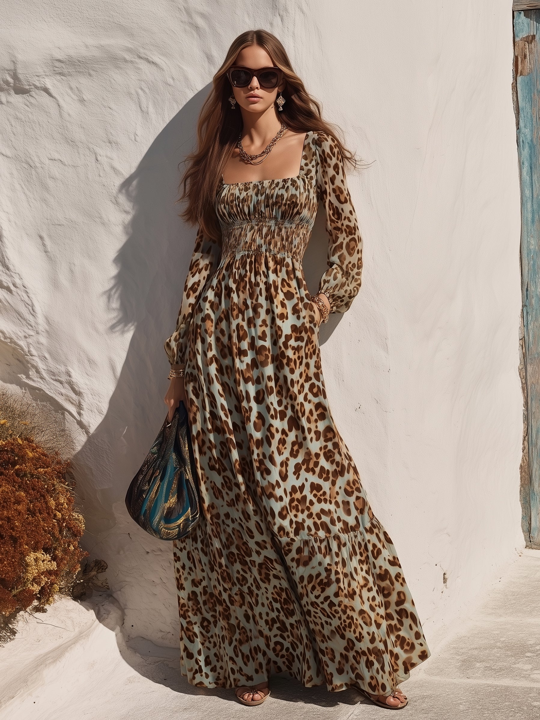 Capri Vibe Mint Base Leopard Print Square Neck Fall Maxi Dress