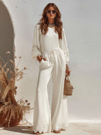 Boho Vibe Cream White Lace Trim Long Sleeve Top Wide Leg Pants Two Piece Set