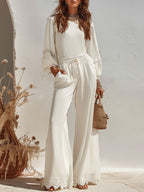 Boho Vibe Cream White Lace Trim Long Sleeve Top Wide Leg Pants Two Piece Set