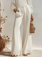 Boho Vibe Cream White Lace Trim Long Sleeve Top Wide Leg Pants Two Piece Set