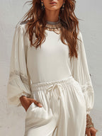 Boho Vibe Cream White Lace Trim Long Sleeve Top Wide Leg Pants Two Piece Set