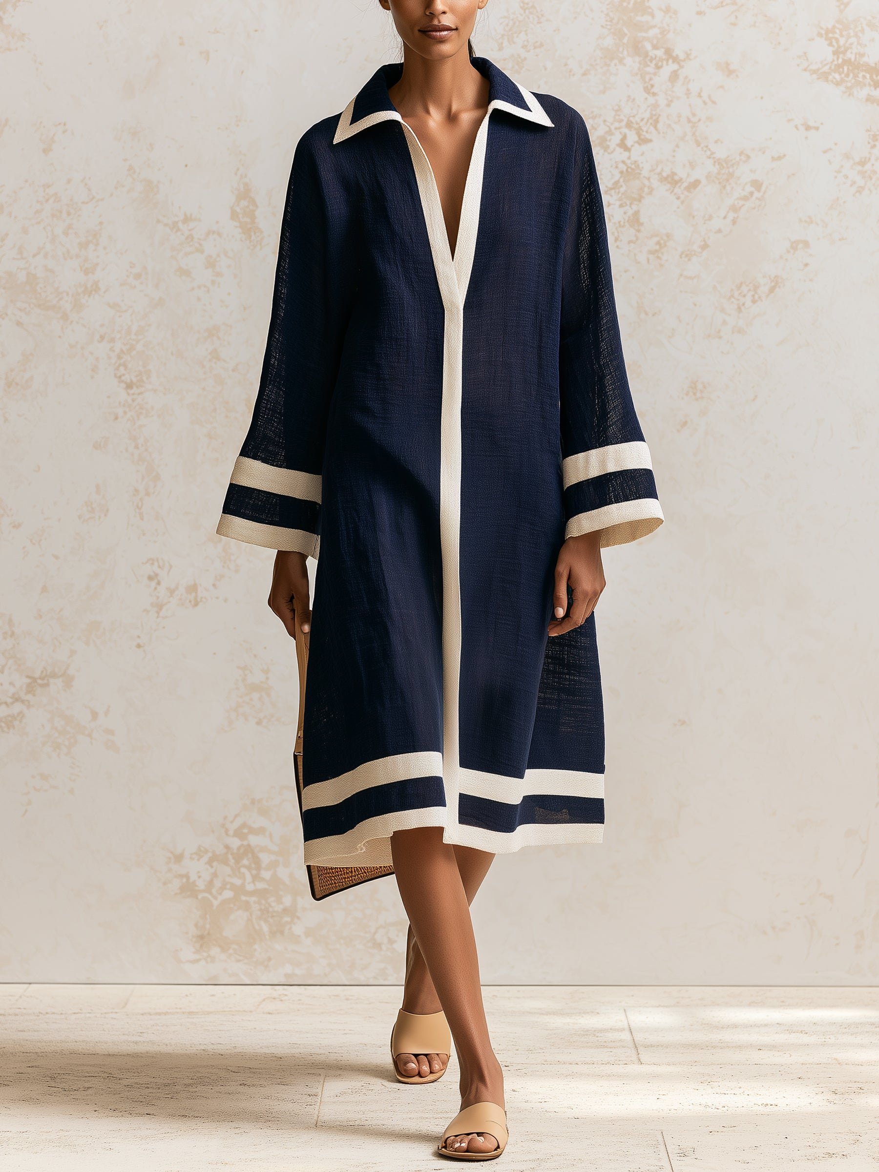Women's Navy Contrast Trim Longline Shirt Dress