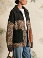 Color Block Leopard Knit Zip Jacket, Oversized Lapel Knitted Cardigan