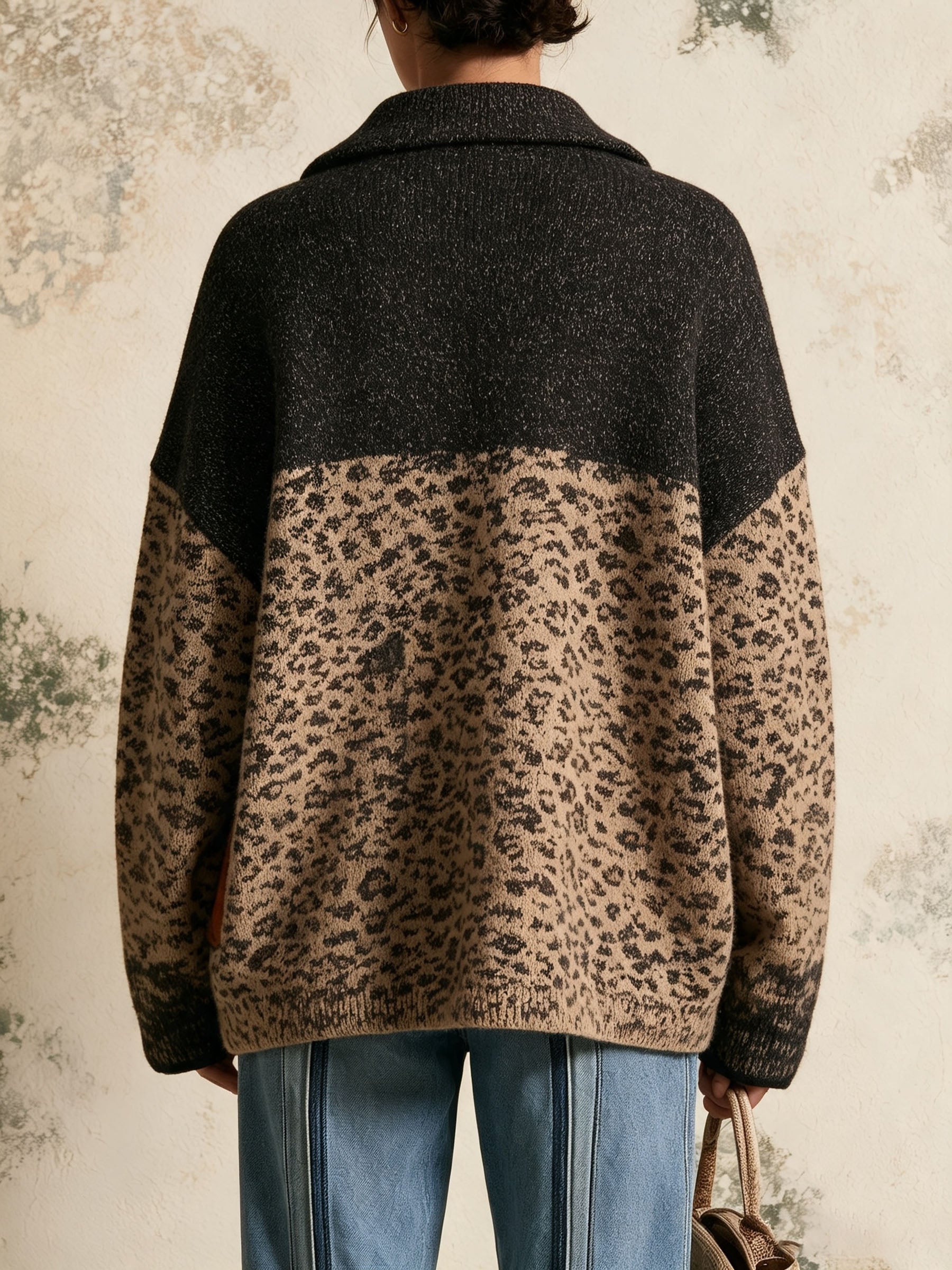 Color Block Leopard Knit Zip Jacket, Oversized Lapel Knitted Cardigan