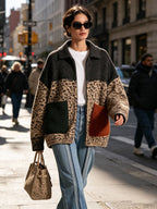Color Block Leopard Knit Zip Jacket, Oversized Lapel Knitted Cardigan