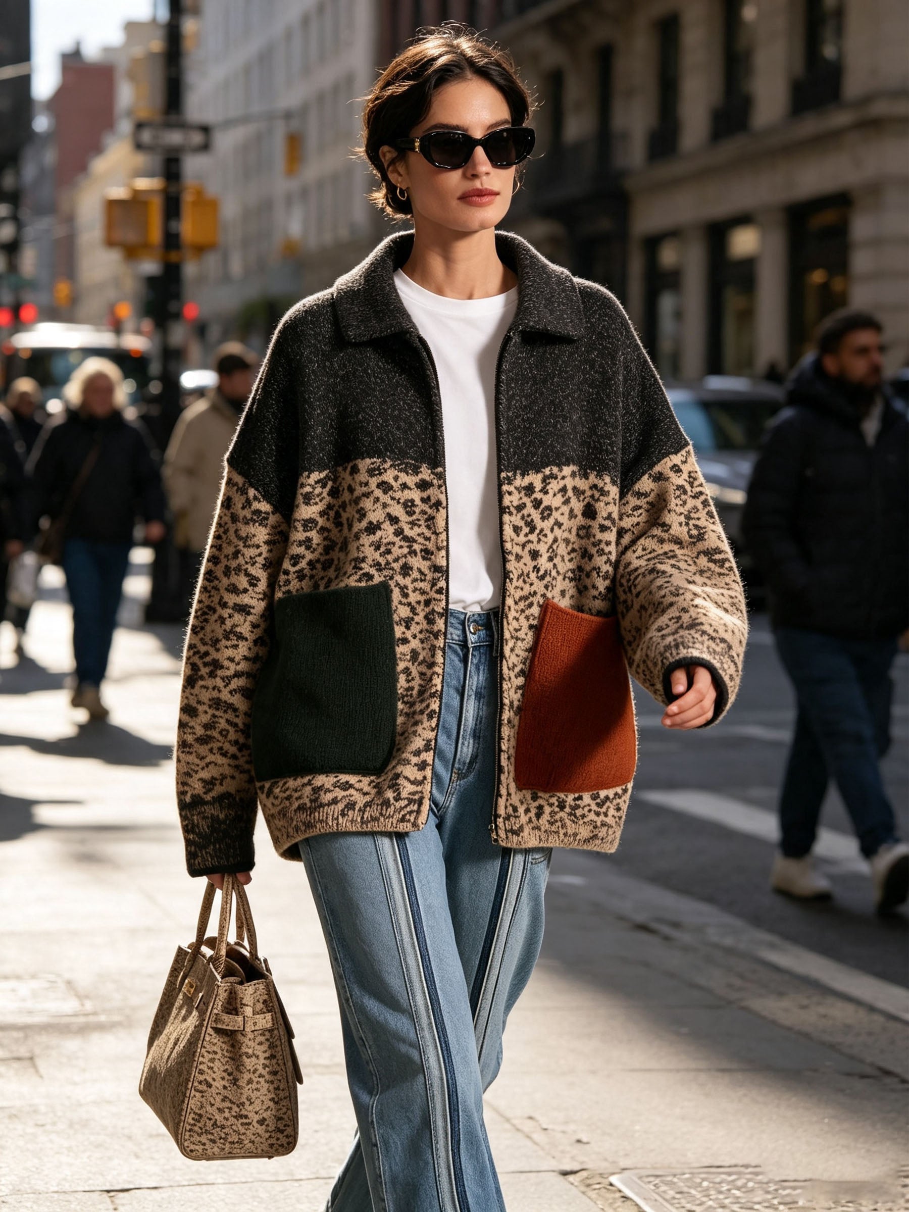 Color Block Leopard Knit Zip Jacket, Oversized Lapel Knitted Cardigan