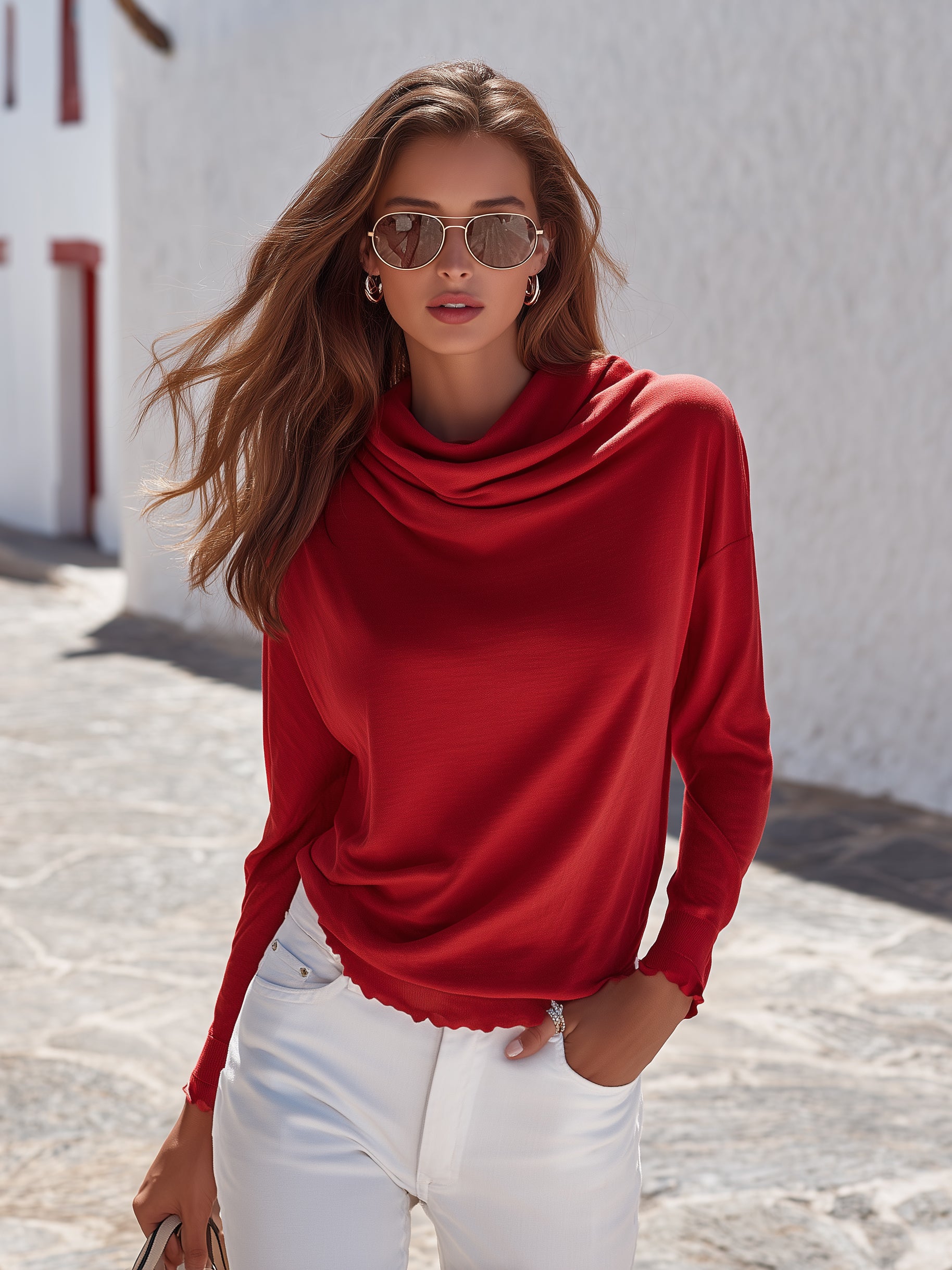 Capri Vibe Bright Red Draped Cowl Neck Loose Knit Top