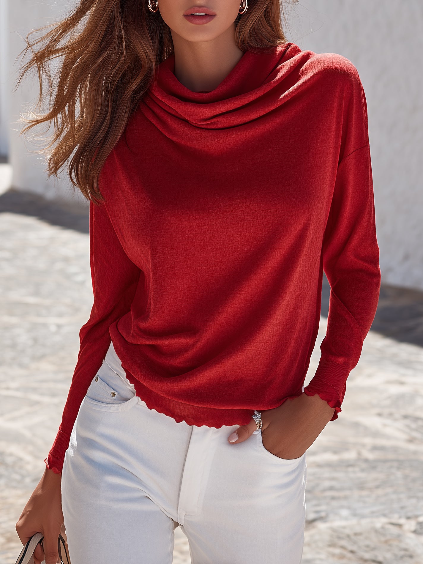 Capri Vibe Bright Red Draped Cowl Neck Loose Knit Top