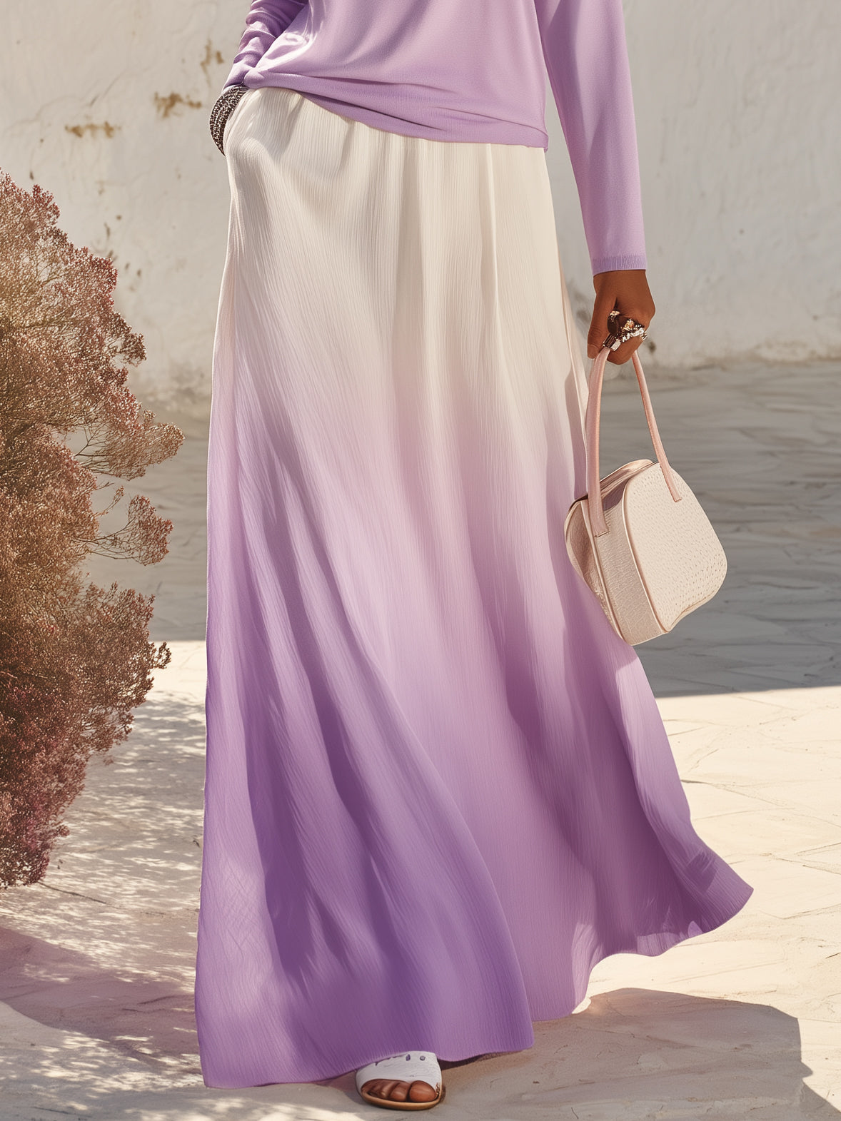 Capri Vibe Lavender Henley Long Sleeve Top Gradient Maxi Skirt Two Piece Set