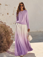 Capri Vibe Lavender Henley Long Sleeve Top Gradient Maxi Skirt Two Piece Set