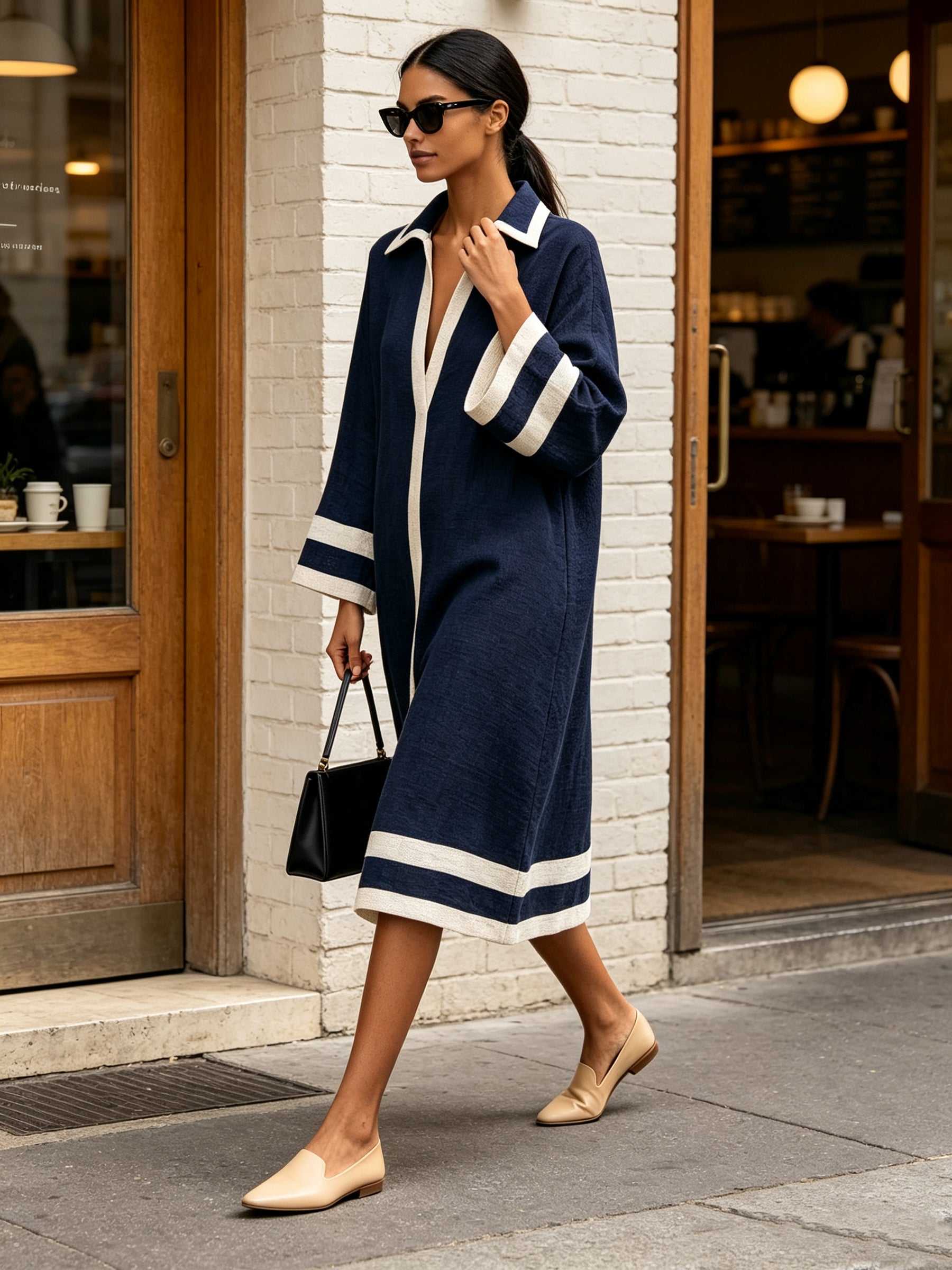 Women's Navy Contrast Trim Longline Shirt Dress