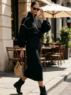 Contrast Piping Half Zip Top & Midi Skirt Two-Piece Set