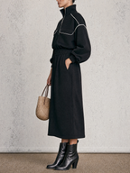 Contrast Piping Half Zip Top & Midi Skirt Two-Piece Set