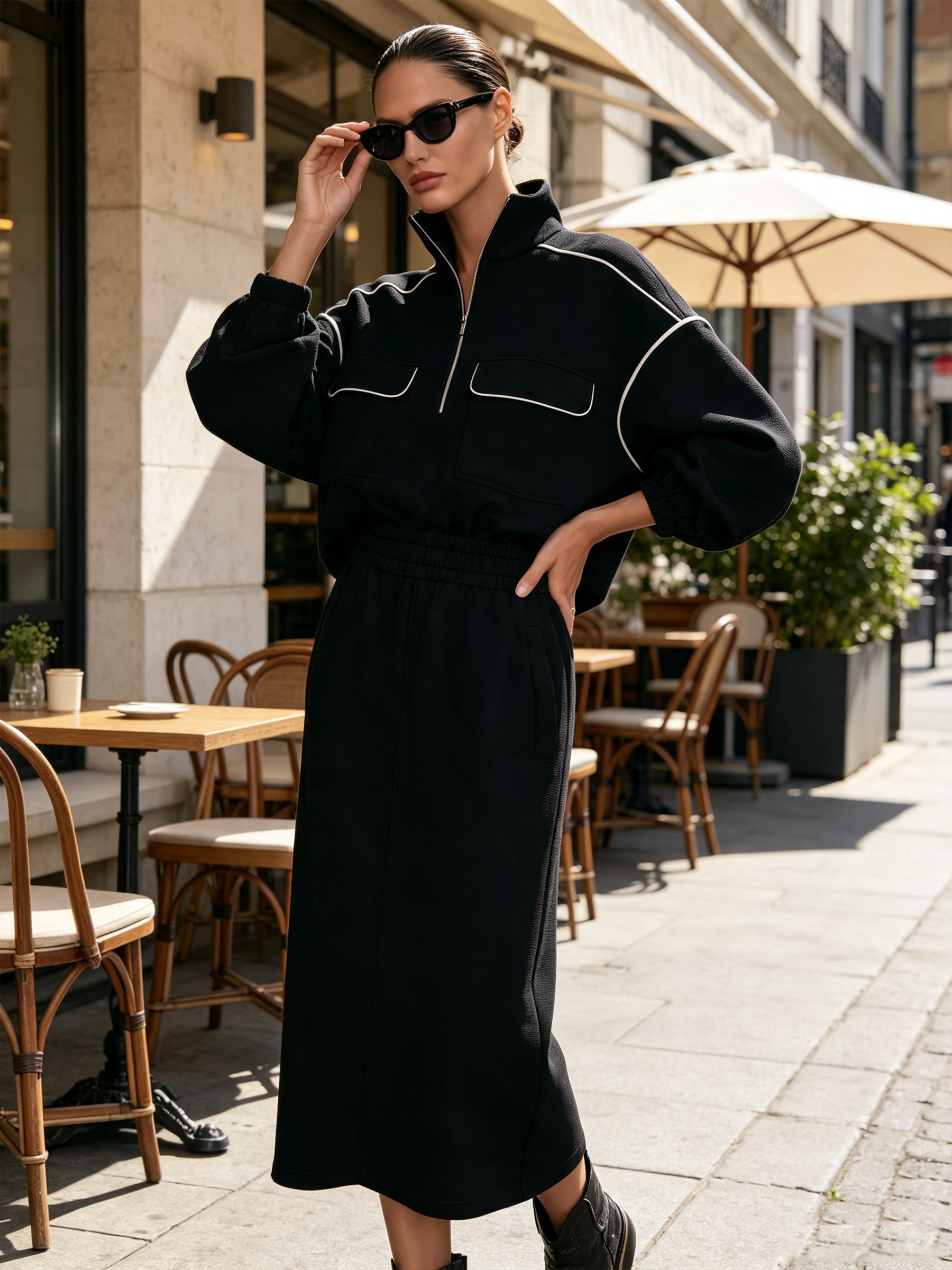 Contrast Piping Half Zip Top & Midi Skirt Two-Piece Set