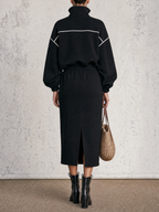 Contrast Piping Half Zip Top & Midi Skirt Two-Piece Set