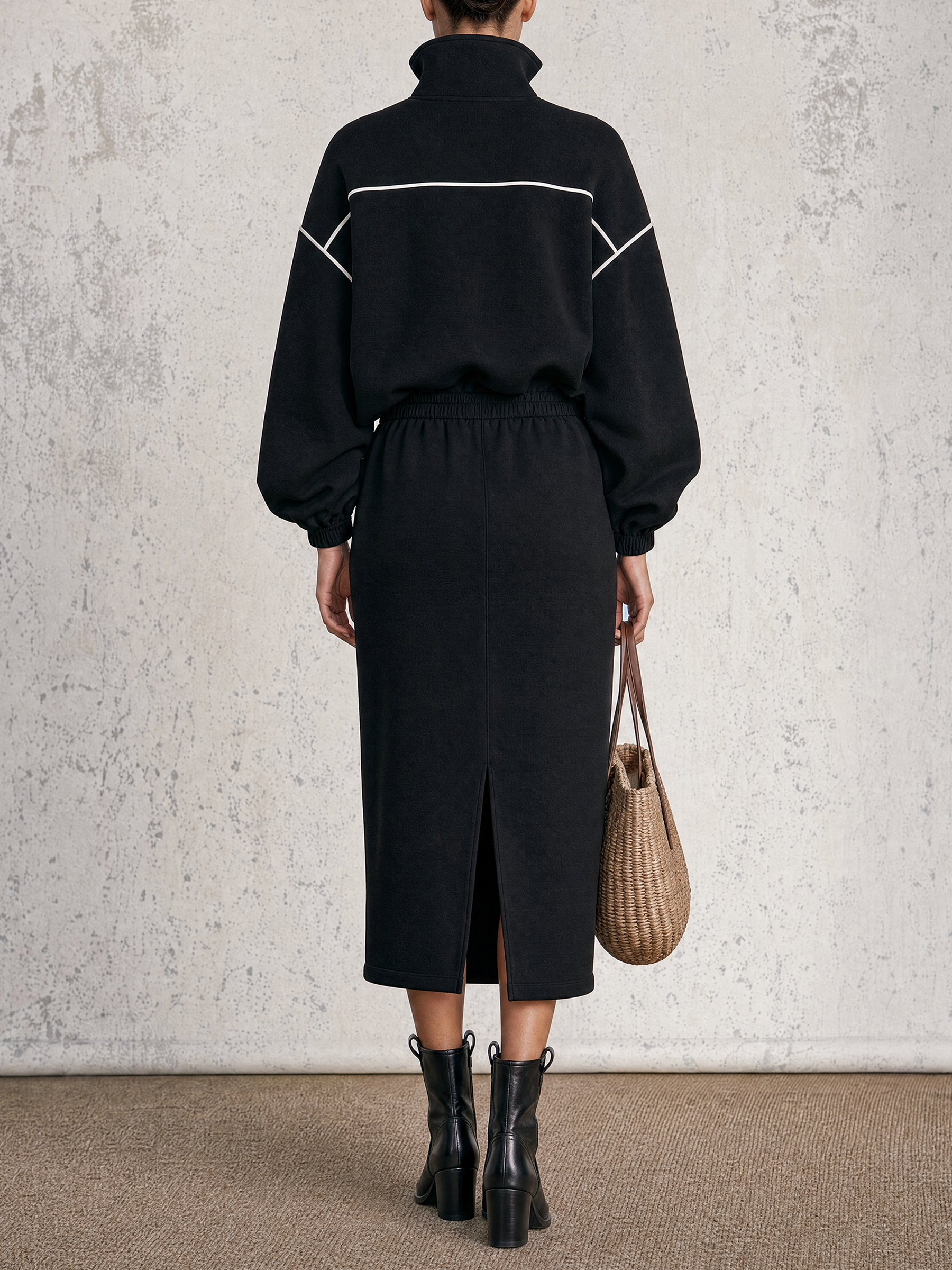 Contrast Piping Half Zip Top & Midi Skirt Two-Piece Set