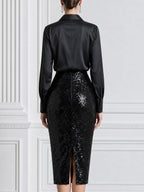 Satin Button-Up Blouse & Sequin Pencil Skirt Set