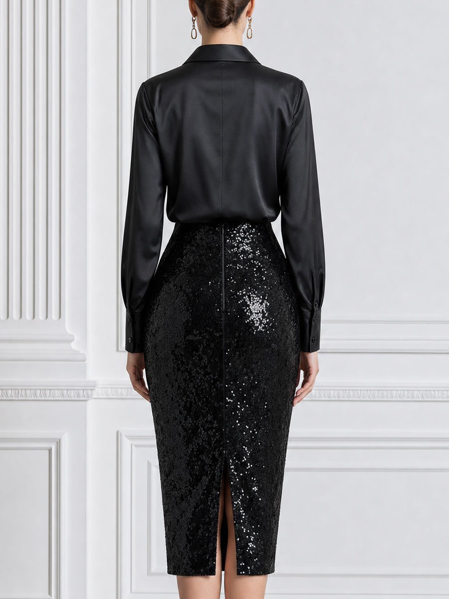 Satin Button-Up Blouse & Sequin Pencil Skirt Set