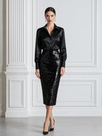 Satin Button-Up Blouse & Sequin Pencil Skirt Set