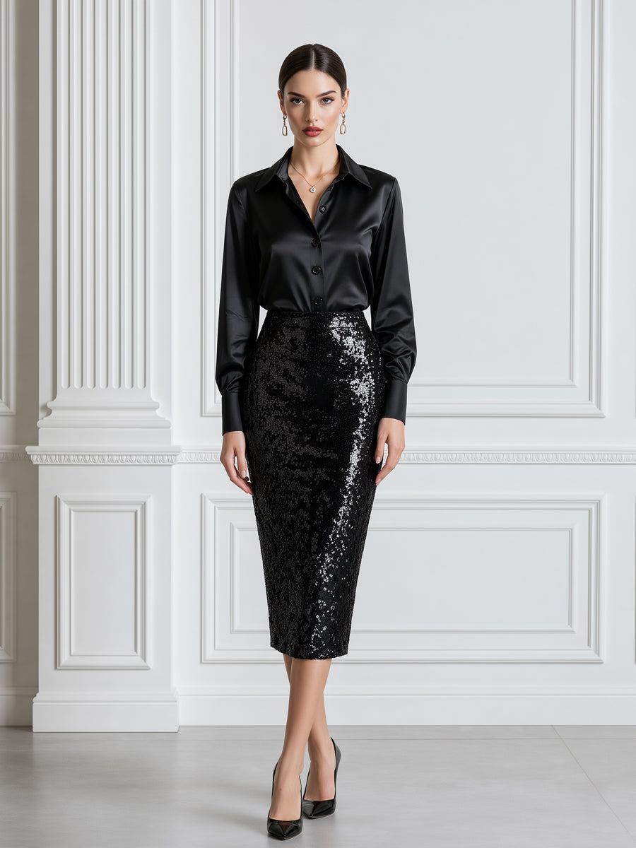 Satin Button-Up Blouse & Sequin Pencil Skirt Set