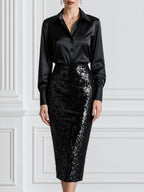 Satin Button-Up Blouse & Sequin Pencil Skirt Set