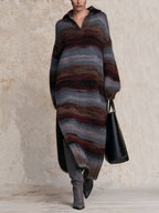 Oversized Collared Striped Knit Maxi Dress, Side Slit Sweater Dress